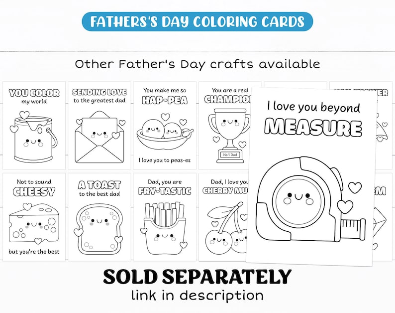 Pu&ograve; includere: Una collezione di biglietti da colorare per la festa del pap&agrave; in bianco e nero con illustrazioni carine e giochi di parole. I disegni includono un barattolo di vernice, una busta, piselli, un trofeo, un metro a nastro, formaggio, pane tostato, patatine fritte e ciliegie.
