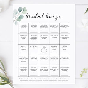 Vind het gastbingospel, afdrukbare bruidsbingo, moderne minimalistische vrijgezellenfeestbingokaarten, leuke bruiloft ijsbreker, eucalyptusgroen