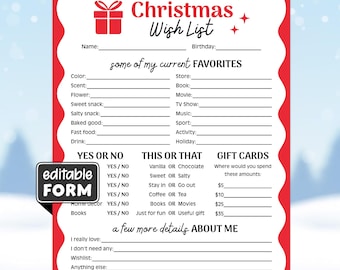 Editable Christmas Wish List Printable, Christmas Wishlist Questionnaire, Secret Santa Survey, Coworker Gift Exchange Game, Canva Template
