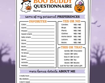 Editable Boo Buddy Questionnaire, Halloween Boo Basket Questionnaire, Boo Buddies Gift Exchange, Office Boo Basket Template, Canva Template