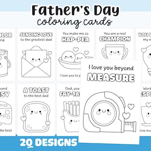 Op de afbeelding: Een verzameling zwart-wit kleurkaarten voor Vaderdag met 20 ontwerpen met schattige karakters en woordspelingen. De tekst bevat 'Father's Day coloring cards', 'SENDING LOVE', 'HAP-PEA', 'CHAMPION', 'A TOAST', 'FRY-TASTIC' en 'I love you beyond MEASURE'.