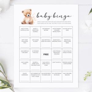 Bingo para encontrar al bebé invitado, Bingo para conocerte, Encuentra a alguien, Juego para romper el hielo, Bingo para bebés de género neutro, Bingo para baby shower con osito de peluche