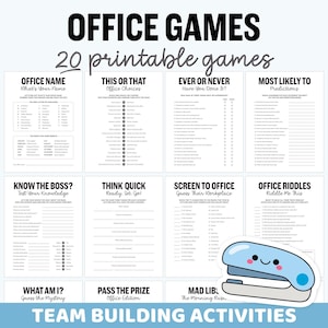 Puede incluir: Un conjunto de 20 juegos de oficina imprimibles para actividades de creación de equipos. Los juegos incluyen "Nombre de la oficina", "Esto o aquello", "Alguna vez o nunca", "Lo más probable", "Conocer al jefe", "Pensar rápido", "Pantalla a la oficina", "Adivinanzas de la oficina", "¿Qué soy yo?", "Pasa el premio", y "Mad Lib".