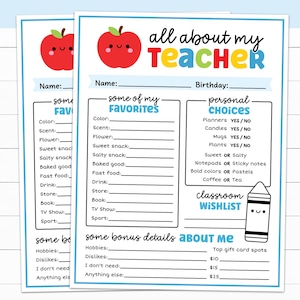 Teacher Favorite Things List, Get to Know Teacher Favorites, Meet the Teacher Questions, Fun All About My Teacher Questionnaire, Gift Survey
