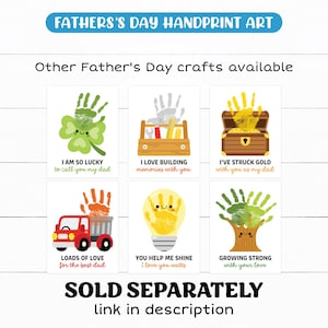 Pu&ograve; includere: Sei disegni artistici con impronte di mani per la festa del pap&agrave;: un trifoglio verde, una cassetta degli attrezzi, uno scrigno, un camion ribaltabile rosso, una lampadina e un albero. Ogni grafica include un'impronta e testo: I AM SO LUCKY, I LOVE BUILDING, I'VE STRUCK GOLD, LOADS OF LOVE, YOU HELP ME SHINE e GROWING STRONG.