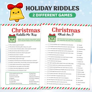 Puede incluir: Dos tarjetas de juego de Navidad imprimibles con un borde rojo y verde festivo. La primera tarjeta se titula "Christmas Riddle Me This" y presenta una caja de regalo verde con un lazo rojo. La segunda tarjeta se titula "Christmas What Am I?" y presenta una caja de regalo roja con un lazo verde. Ambas tarjetas presentan una variedad de acertijos navideños.