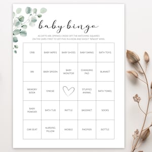 Cartes de bingo pour bébé neutres en matière de genre, cadeaux prérempli, jeux de bingo pour baby shower, décoration minimaliste pour bébé avec motif verdure d'eucalyptus