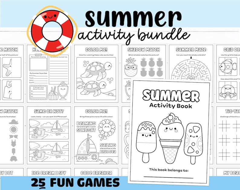 May include: A summer activity bundle featuring a red and white life preserver graphic. The bundle includes a variety of black and white summer-themed activity pages, such as mazes, coloring pages, and games. The text "Summer Activity Book" is visible.