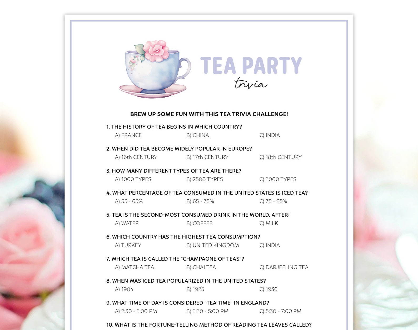 Tea Party Trivia for Kids, Tea Trivia Game, Tea Party Trivia Quiz ...
