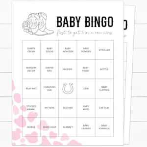 Cartões de bingo para chá de bebê, jogos para chá de bebê da pequena cowgirl, decoração rosa para chá de bebê estilo faroeste, festa para meninas no Velho Oeste, atividades para imprimir