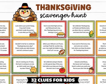 Thanksgiving Scavenger Hunt Clues for Kids, Printable Scavenger Hunt Cards, Indoor Thanksgiving Treasure Hunt Clues, Fun Thanksgiving Games