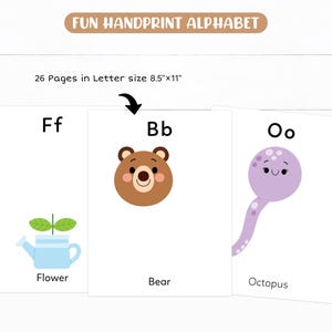 May include: A set of printable alphabet cards featuring handprint illustrations of animals and objects. The cards include the letters F, B, and O, with illustrations of a flower, a bear, and an octopus.