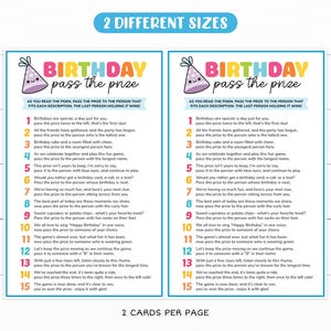Op de afbeelding: Twee kleurrijke, afdrukbare kaarten met instructies voor een verjaardagsfeestje-spel genaamd "Birthday Pass the Prize". De kaarten bevatten een cartoon-verjaardagshoed en de tekst "Birthday Pass the Prize" in een regenboog-lettertype. De instructies zijn genummerd van 1 tot 15 en bevatten zinnen als "geef de prijs door aan de persoon met de langste naam" en "geef de prijs door aan de persoon met blauwe ogen".