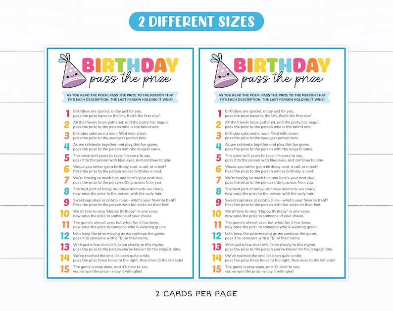 Op de afbeelding: Twee kleurrijke, afdrukbare kaarten met instructies voor een verjaardagsfeestje-spel genaamd "Birthday Pass the Prize". De kaarten bevatten een cartoon-verjaardagshoed en de tekst "Birthday Pass the Prize" in een regenboog-lettertype. De instructies zijn genummerd van 1 tot 15 en bevatten zinnen als "geef de prijs door aan de persoon met de langste naam" en "geef de prijs door aan de persoon met blauwe ogen".