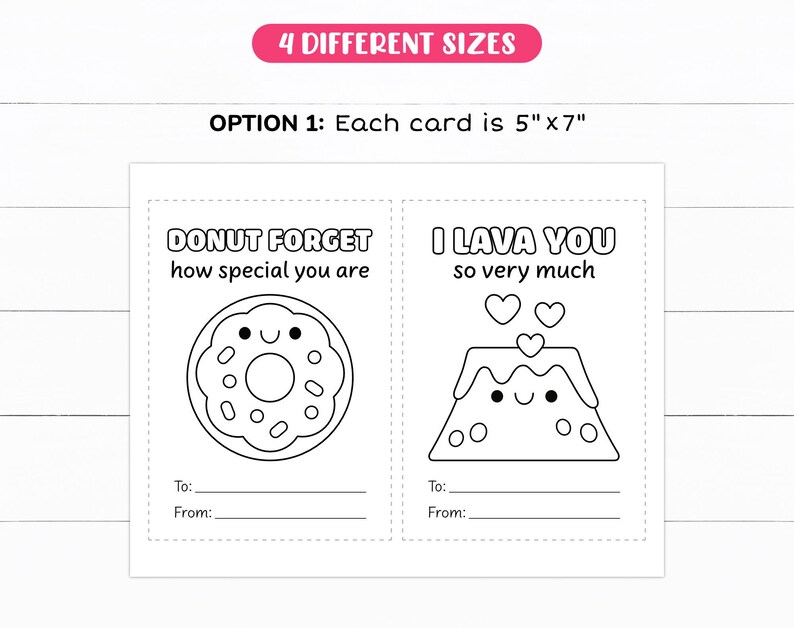 K&ouml;nnte beinhalten: Zwei druckbare Valentinstagskarten mit niedlichen Illustrationen eines Donuts und eines Vulkans. Die Karten sind in Schwarzwei&szlig; und enthalten den Text "Donut forget how special you are" und "I lava you so very much".