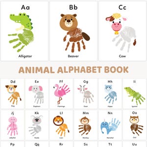 Arte e artesanato com alfabeto de animais, modelo de livro com alfabeto de impressão de mãos, atividades de sala de aula para jardim de infância ou pré-escola, livro de memórias com impressão de mãos