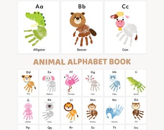Animal Alphabet Handprint Art Craft, Handprint Alphabet Book Template, Kindergarten or Preschool Classroom Activities, Handprint Memory Book