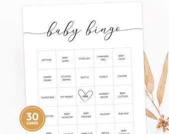 Baby Shower Bingo, Baby Shower Games, Baby Bingo Games, Minimalist Gender Neutral Baby Bingo Cards, 30 Unique Prefilled Cards, Printable PDF