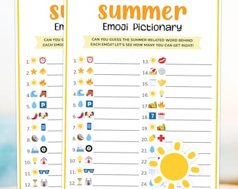 Juego de emojis de verano, Pictionary de emojis de verano, Cuestionario de emojis imprimible, Actividades divertidas de verano para niños, Juegos familiares para fiestas en la piscina, Hoja de actividades para la playa
