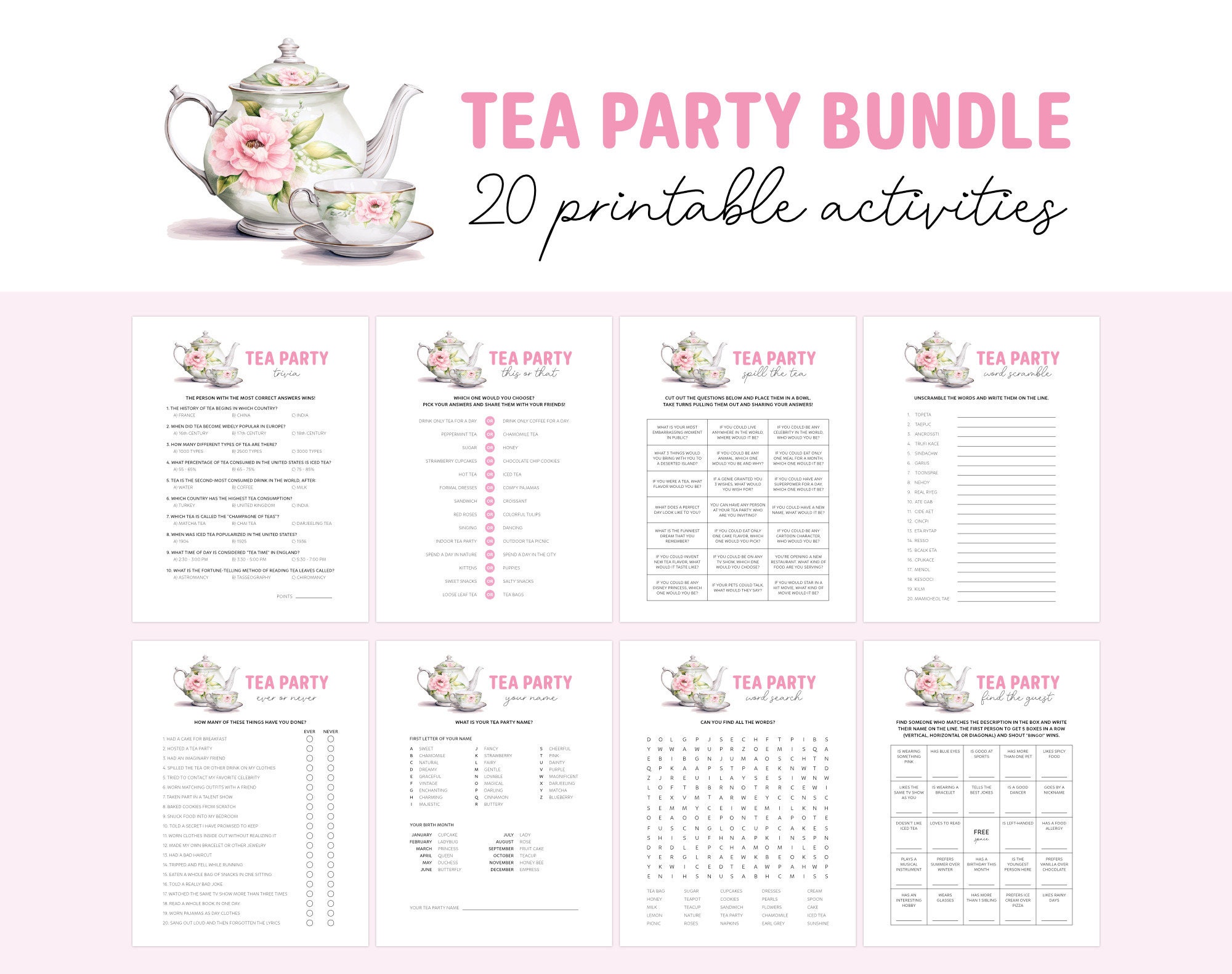 Printable Tea Party Activities Bundle, Kids Garden Tea Party Games ...