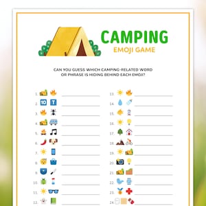 May include: A printable camping emoji game with 24 questions. Each question features a camping-related emoji and a blank line for the answer. The game is titled "Camping Emoji Game".