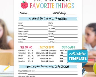 Teacher Favorite Things List Questionnaire, All About My Teacher Favorites Template, Get to Know Your Teacher Survey, Form Editable in Canva