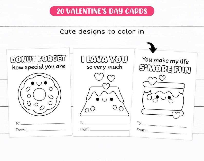 K&ouml;nnte beinhalten: Drei schwarz-wei&szlig;e druckbare Valentinstagskarten mit niedlichen Designs zum Ausmalen. Die Karten zeigen einen Donut, einen Vulkan und einen S'more. Jede Karte hat den Text "An:" und "Von:" unten.