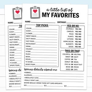 My Favorite Things List, All About Me Survey, Friends or Staff Get to Know Me Questionnaire, Employee Favorites Form, Coworker Gift List PDF