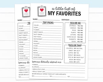 My Favorite Things List, All About Me Survey, Friends or Staff Get to Know Me Questionnaire, Employee Favorites Form, Coworker Gift List PDF