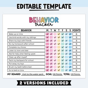 Editable Behavior Chart for Kids, Kids Behavior Chart Printable Template, Behavior Chart Kids, Behavior Reward Chart, Good Behavior Tracker