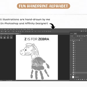 May include: A black and white illustration of a zebra with a handprint for the body. The text "Z IS FOR ZEBRA" is above the zebra.