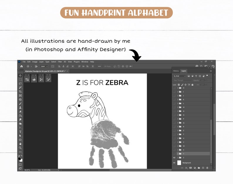 May include: A black and white illustration of a zebra with a handprint for the body. The text "Z IS FOR ZEBRA" is above the zebra.
