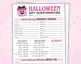 Pink Halloween Boo Buddies Questionnaire, Boo Buddy Gift Questionnaire, Office Boo Basket Survey, Gift Exchange Games, Favorite Things List