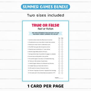 Peut inclure: Une carte de jeu "Vrai ou Faux" du "Summer Games Bundle". La carte pr&eacute;sente des affirmations avec des options "Vrai" ou "Faux". Le texte comprend "Deux tailles incluses" et "1 carte par page". Id&eacute;al pour les jeux d'&eacute;t&eacute;.