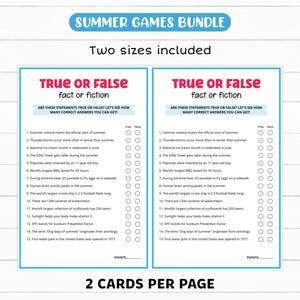 Peut inclure: Un ensemble imprimable de "Summer Games" avec deux quiz "Vrai ou Faux". Chaque quiz contient 15 affirmations sur l'&eacute;t&eacute;, avec un espace pour cocher "Vrai" ou "Faux". Le texte comprend "Summer Games Bundle", "Two sizes included", et "2 cards per page".