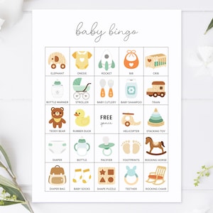Tarjetas de bingo para bebés de género neutro con imágenes, juego de bingo precargado para baby shower, actividades imprimibles para baby shower, juegos de rociado boho para bebés