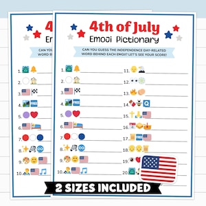 May include: Two printable 4th of July Emoji Pictionary game sheets. The sheets have a blue border and feature red, white, and blue stars and emojis. The text reads "4th of July Emoji Pictionary" and "2 Sizes Included".