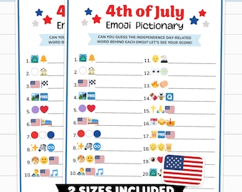 Jeu de pictionary d'emojis du 4 juillet, jeu d'emojis du 4 juillet à imprimer, quiz d'emojis patriotique du 4 juillet, jeux de fête pour la fête de l'indépendance des enfants