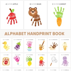 Livre de l'alphabet empreinte de la main, lot d'oeuvres d'art empreinte de la main de l'alphabet, modèle de manuel de l'alphabet, cartes ABC imprimables, travaux manuels pour la maternelle et l'école maternelle