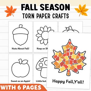 Fall Torn Paper Crafts Printable, Hello Fall Tear and Paste Craft, Easy Fall Leaf Crafts for Kids, Daycare, Kindergarten, Preschool Activity