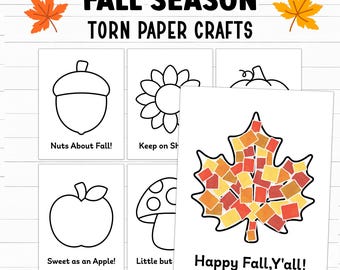 Fall Torn Paper Crafts Printable, Hello Fall Tear and Paste Craft, Easy Fall Leaf Crafts for Kids, Daycare, Kindergarten, Preschool Activity