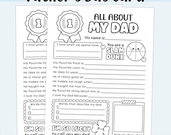 Tutto su mio papà (stampabile), Festa del papà (stampabile), Biglietto da colorare fai da te per la festa del papà, Questionario per la festa del papà, Scheda di lavoro per papà, Regalo dai bambini
