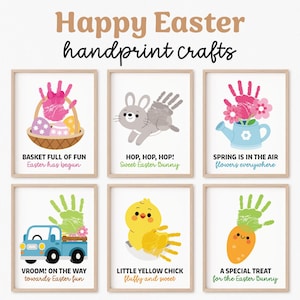 May include: Six framed prints with Easter-themed handprint art. The prints feature a basket of eggs, a bunny, flowers in a watering can, a truck, a chick, and a carrot. Text includes "Happy Easter handprint crafts".