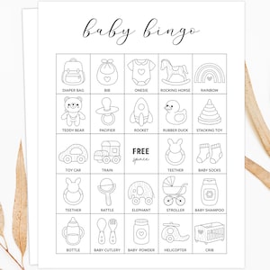 Bingo dla dzieci neutralne pod względem płci, gry bingo na baby shower do druku, czarno-białe wstępnie wypełnione karty, nowoczesne minimalistyczne zajęcia z posypywania dla dzieci