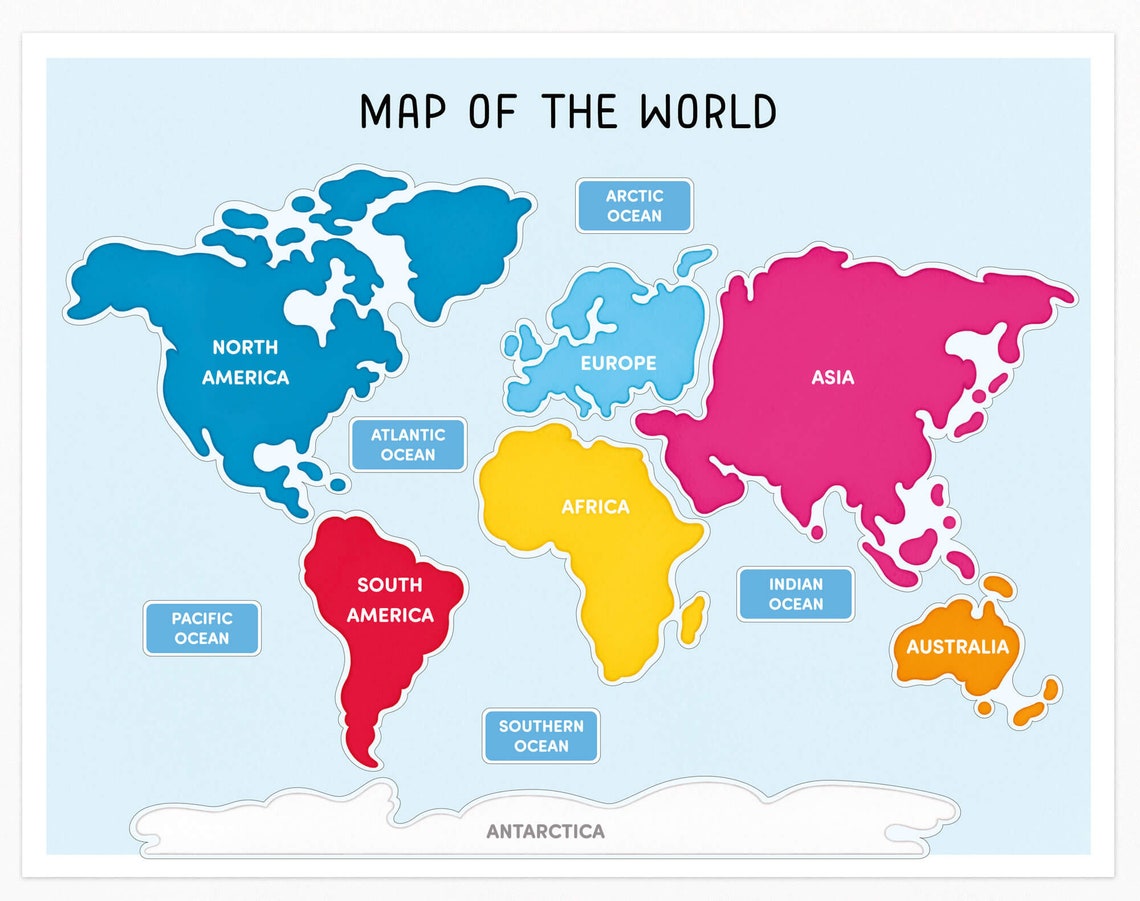 Continents and Oceans Matching Activity, Montessori World Map, 3 Part ...
