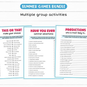 Peut inclure: Un ensemble de trois jeux d'&eacute;t&eacute; imprimables avec un en-t&ecirc;te bleu indiquant "Summer Games Bundle". Les jeux comprennent "This or That", "Have You Ever" et "Predictions", con&ccedil;us pour les activit&eacute;s de groupe. Chaque jeu a un fond blanc avec du texte noir et des accents color&eacute;s.