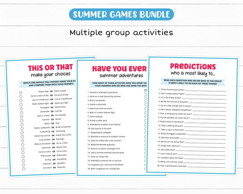 Peut inclure: Un ensemble de trois jeux d'&eacute;t&eacute; imprimables avec un en-t&ecirc;te bleu indiquant "Summer Games Bundle". Les jeux comprennent "This or That", "Have You Ever" et "Predictions", con&ccedil;us pour les activit&eacute;s de groupe. Chaque jeu a un fond blanc avec du texte noir et des accents color&eacute;s.