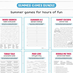 Peut inclure: Un ensemble de jeux d'&eacute;t&eacute;, comprenant une recherche de mots, un d&eacute;fi alphab&eacute;tique, un labyrinthe, des cartes de conversation, des Mad Libs et des casse-t&ecirc;tes. Les jeux sont con&ccedil;us avec un sch&eacute;ma de couleurs bleu et blanc et des illustrations ludiques. Le texte sur l'image indique "Summer Games Bundle".