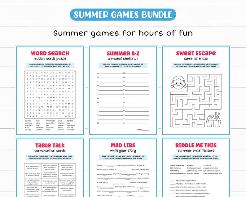 Peut inclure: Un ensemble de jeux d'&eacute;t&eacute;, comprenant une recherche de mots, un d&eacute;fi alphab&eacute;tique, un labyrinthe, des cartes de conversation, des Mad Libs et des casse-t&ecirc;tes. Les jeux sont con&ccedil;us avec un sch&eacute;ma de couleurs bleu et blanc et des illustrations ludiques. Le texte sur l'image indique "Summer Games Bundle".