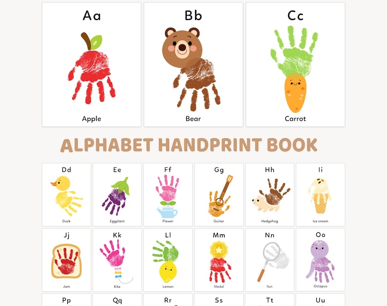 May include: A colorful alphabet book with handprint illustrations for each letter. The book features a variety of animals, fruits, and vegetables, such as a duck, an eggplant, a flower, a guitar, a hedgehog, and an ice cream cone.